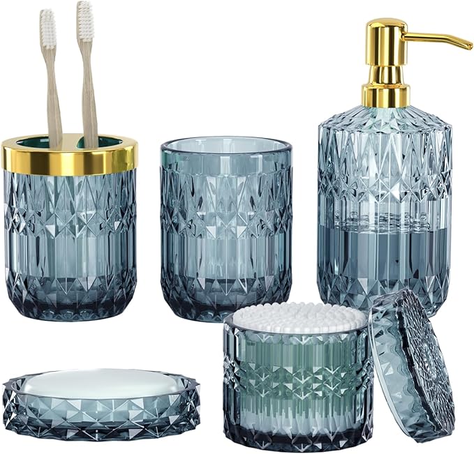 Blue Bathroom Accessories Set - 5PCS Clear Glass Bathroom Accessory Set (Toothbrush Holders, Soap Dispenser, Soap Dish, Tumbler, Cotton Swab Jar), Countertop Vanity Organizer Modern Decor Vintage Gift
