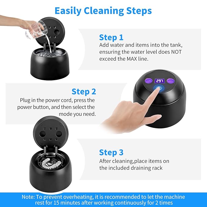 Ultrasonic Retainer Cleaner Machine, 45kHz Dental Ultrasonic Cleaner for Denture, Mouth Guard, Aligner, Braces, Toothbrush Heads, Jewelry, 5 Modes Cleaning, Digital Timer & 200ML Capacity