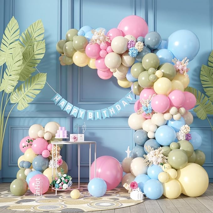 FunHot Blue Pink Yellow Balloon Arch Kit, Pastel Balloon Garland with Baby Pink Light Fog Blue Yellow Sage Green Ivory White Balloons for Baby Shower Gender Reveal Wedding Birthday Party Decorations
