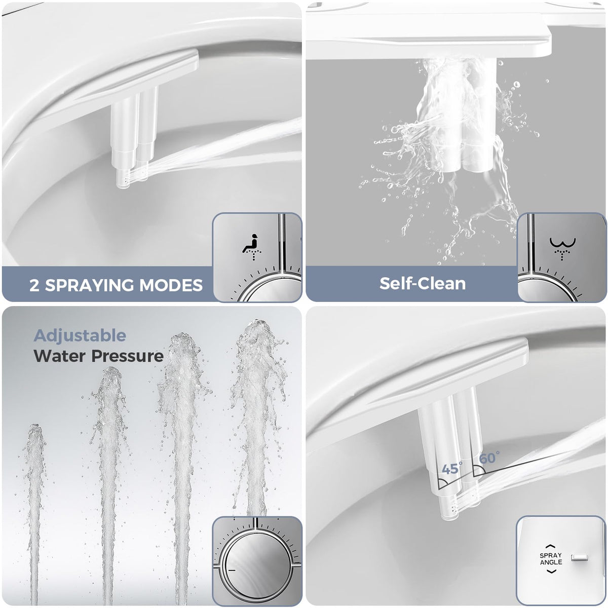 Vestomeli Upgrade Bidet Attachment for Toilet Seat, Adjustable Angle Dual Nozzle, Self-Cleaning, Non-Electric Bidet Attachment for Rear & Feminine Wash, Controllable Fresh Cold Water Pressure