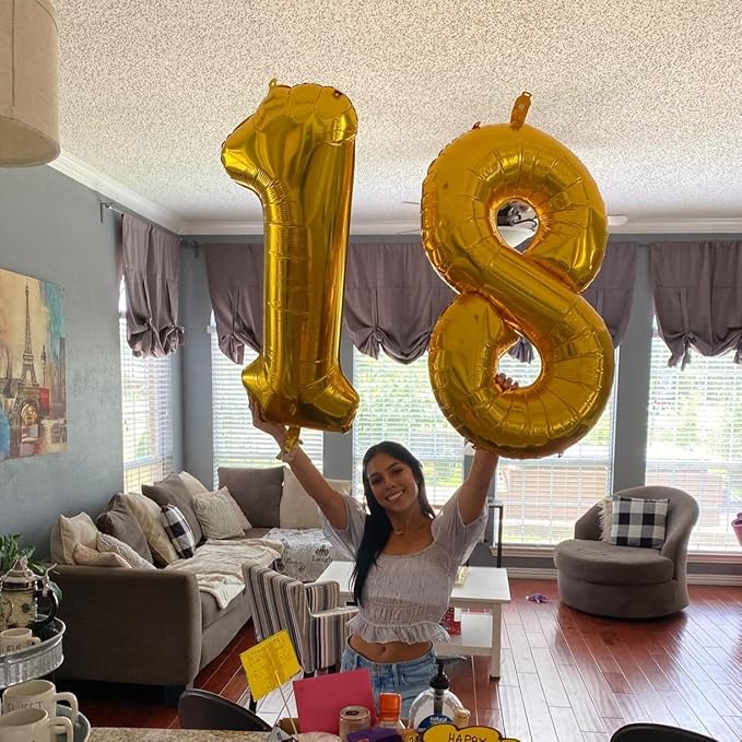 Gold Number 18 Birthday Balloons, 40 Inch Large Gold Mylar Foil Number 1 & 8 Balloons for 18 Year Old Boys Girls, Gold 18th Birthday Balloons for Women Men Anniversary Party Decorations