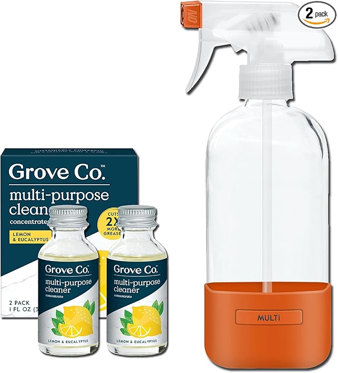 Grove Co. Multi Purpose Cleaner, Refill Concentrate (2 x 1 Oz) + Glass Spray Bottle (16 Oz), Plant-based Household Cleaning Supplies Bundle, No Plastic Waste, 100% Natural Lemon & Eucalyptus Scent