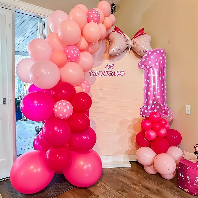Pink 1st Birthday Balloons Decorations, Hot Pink Rose Polka Dots Balloons Arch Kit, Huge Bow Foil Ballons, Pinks Number 1 Balloon Tower for Baby Shower Girls Princess 1st Theme Party