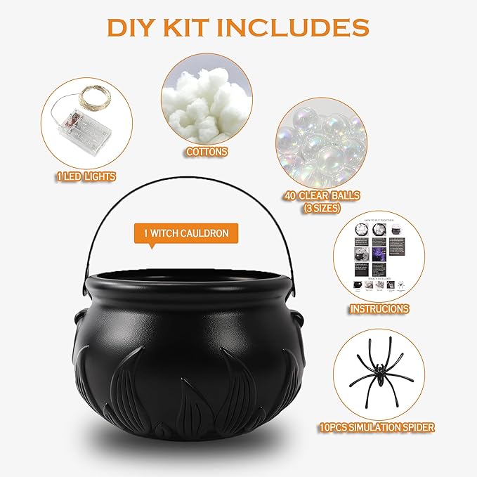 Halloween Decorations Indoor - DIY Bubbling Cauldron Set with 10pcs Simulation Spider, Halloween Hocus Pocus Party Decor with 9.84ft LED Light,Spooky Vintage Decor for Home Kitchen Room