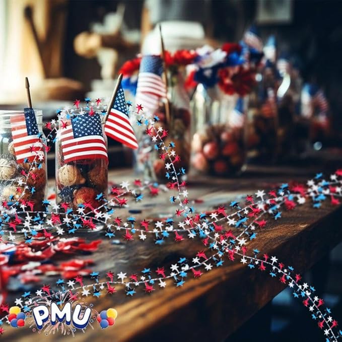 PMU 300 Ft Patriotic Star Garlands with Wire, Shiny Metallic Garland for 4th of July, National Day, Independence Day, Red, White and Blue (12pc-25Ft Each)