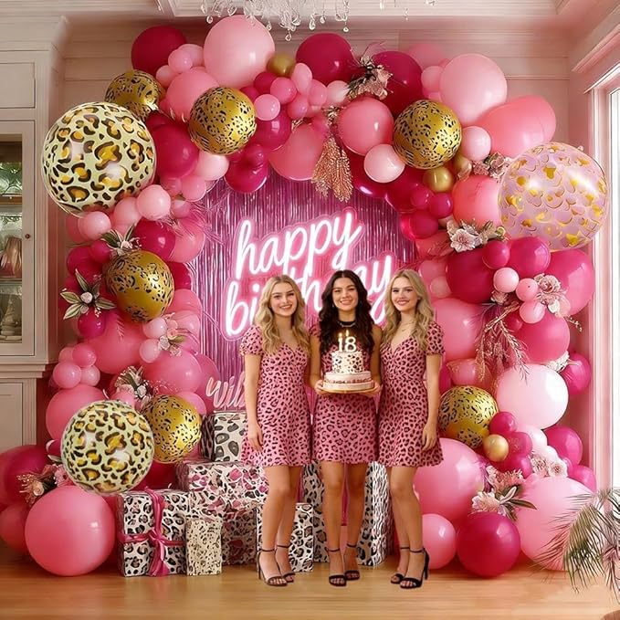 Hot Pink Balloon Arch Kit, Double Stuffed Dark Light Pink Magenta Gold Cheetah Print Balloons Fringe Curtain for Mother's Day Birthday Bridal Baby Shower Safari Jungle Party Decorations