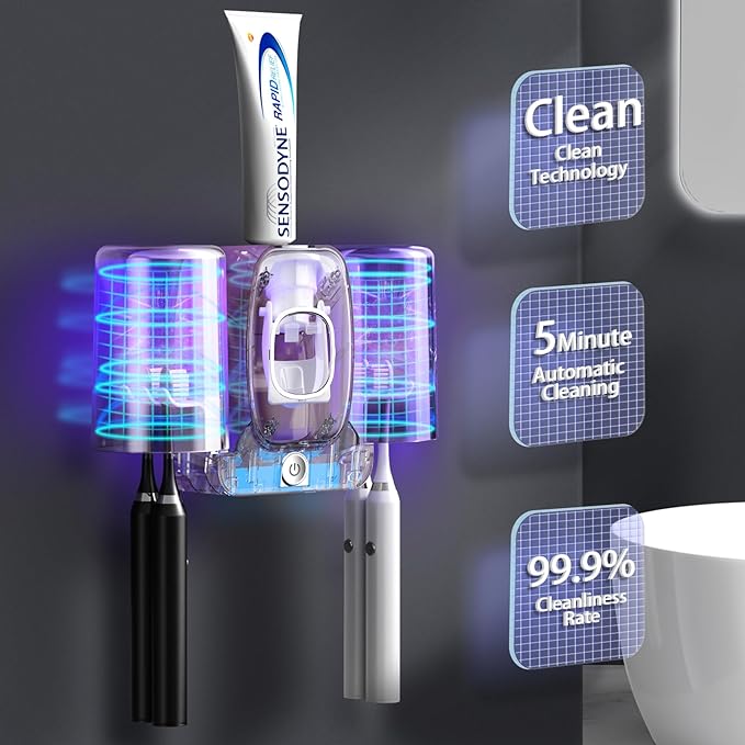 Toothbrush Holders for Bathrooms, Wekity Automatic Toothpaste Dispenser Space Saving Toothbrush and Toothpaste Holder，Toothbrush Holder Wall Mounted with 2 Cups for Bathroom (Grey)…