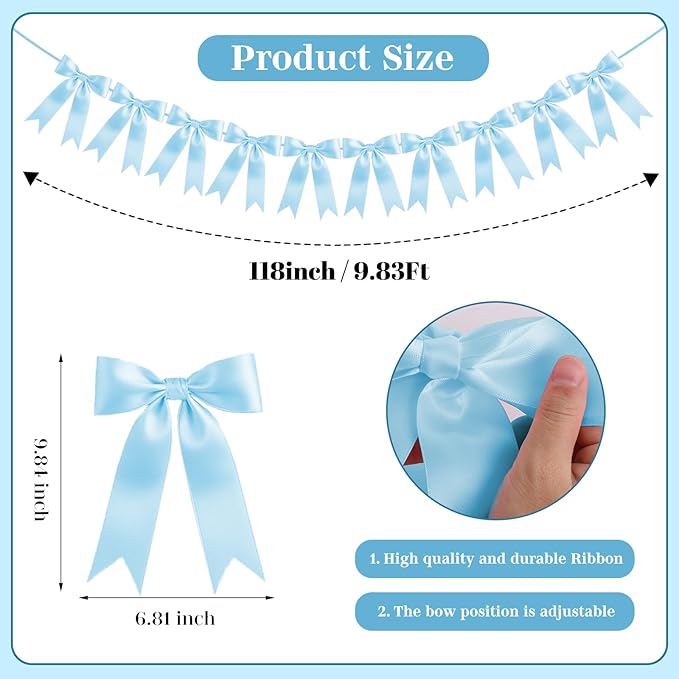 Baby Blue Bow Garland Bow Banner Bow Party Decorations Pre-Strung Large Coquette Satin Ribbon for Birthday Bachelorette Party Bridal Shower Wedding Engagement Baby Shower