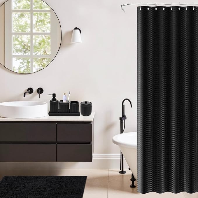 8-Piece Matte Black Bathroom Set - Luxury Resin Bathroom Accessories Sets Complete with Shower Curtain and Rugs, Soap Dispenser, Toothbrush Holder, Cup, Apothecary Jars & Tray