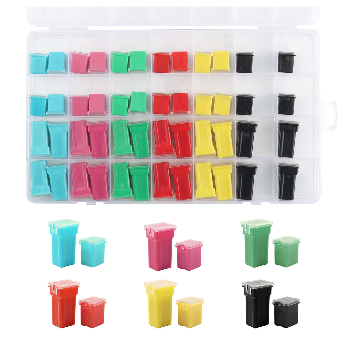 48Pcs Tall & Low Profile Jcase Fuse Assortment Kit,Box Shaped Car Fuses Assortment Kit Includes 20A 30A 40A 50A 60A 80A,Professi