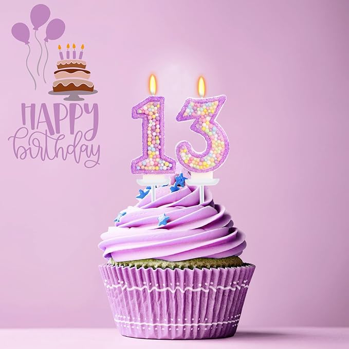 Purple Birthday Candles - Number 13 Candle, Colorful Macaron Candles, 13 Birthday Decorations for Girls, Purple Cake Decorations, Theme Party Supplies