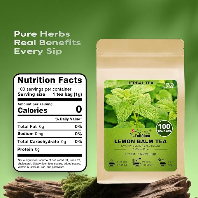FullChea - Lemon Balm Tea Bags, 100 Count - Pure & Natural Dried Lemon Balm Leaves - Melissa Officinalis - Caffeine-free Herbal Tea for Relaxation - Non-GMO
