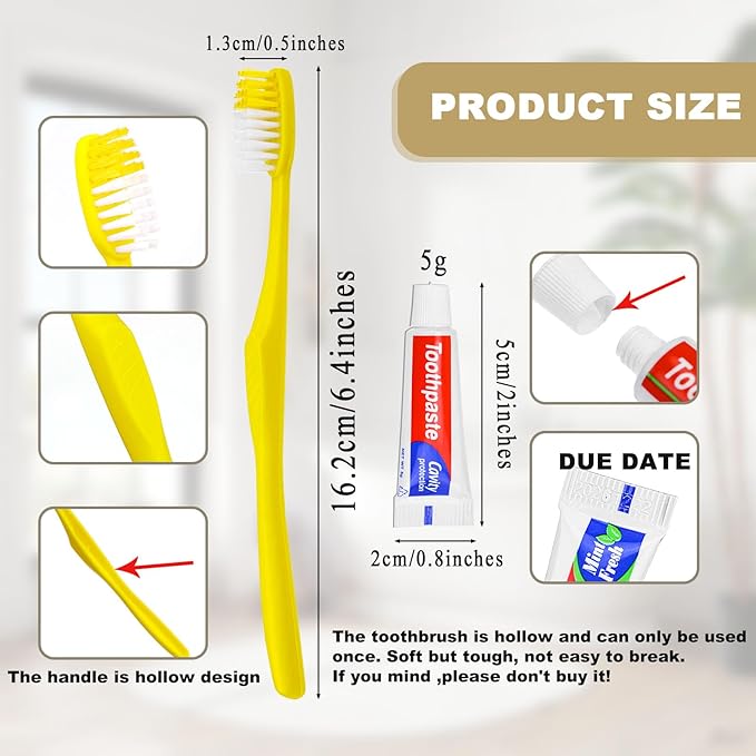 Disposable Toothbrushes with Toothpaste,100 Pack Yellow Hollow Individually Wrapped Disposable Travel Toothbrushes Kit in Bulk for Homeless,Nursing Home,Hotel,Charity