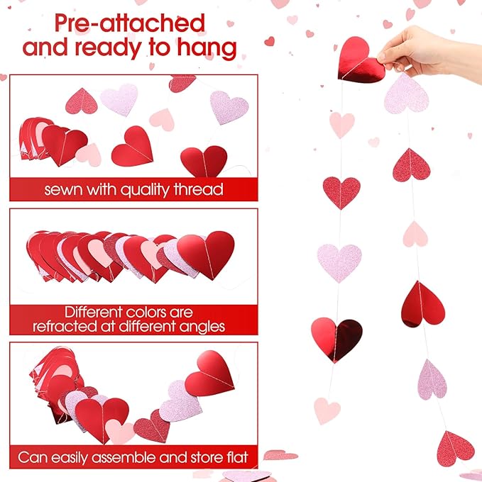 10 Pack 130ft Pink Burgundy-red Heart Party Garland Asymmetrical Love Hanging Banners for Wedding Decorations Mothers Day Bachelorette Bridal Shower Engagement