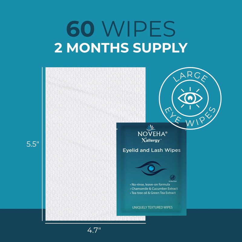 NOVEHA 180Pcs Allergy Relief Eyelid Wipes | Pre-moistened Hypoallergenic Eye Cleansing Pads, Reduce Itchiness, Redness & Discomfort Caused By Allergy, Clean, Soothe & Remove Debris (3 Pack)
