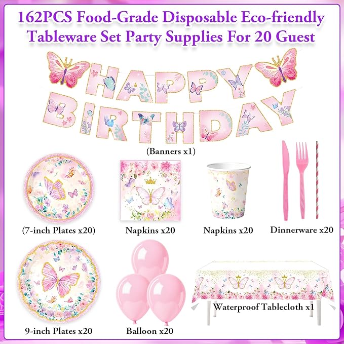Pink Butterfly Birthday Party Supplies Tableware Sets,Includes Disposable Plates, Napkins, Cups,Straws,Cutlery, Balloons, Banner, and Tablecloth for Party Baby Shower Birthday Decorations,Serves 20
