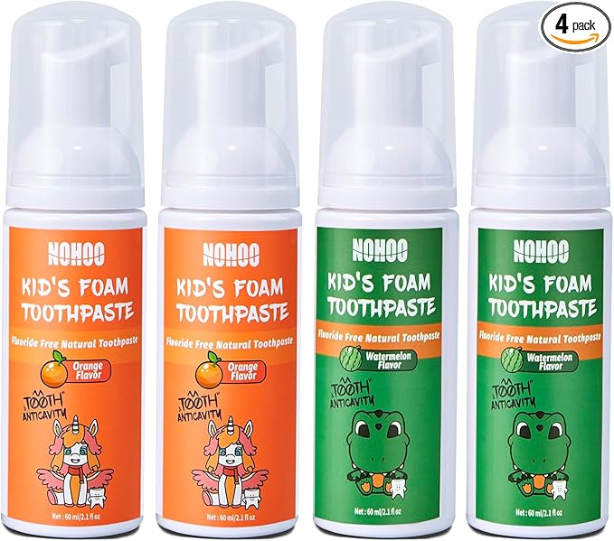 NOHOO Fluoride Free Foam Toothpaste Kids Fruit Flavour,Natural Training Toothpaste for Baby Toddler Children Oral Cleaning and Cavity Protection(2 Orange + 2 Watermelon)