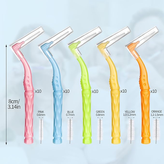 100pcs Interdental Brushes, 5 Sizes Braces Brush Set Soft Dental Brushes with Non-Slip Handle Angled Head Tooth Picks Floss Sticks Dental Floss Brushes for Braces Oral Cleaning