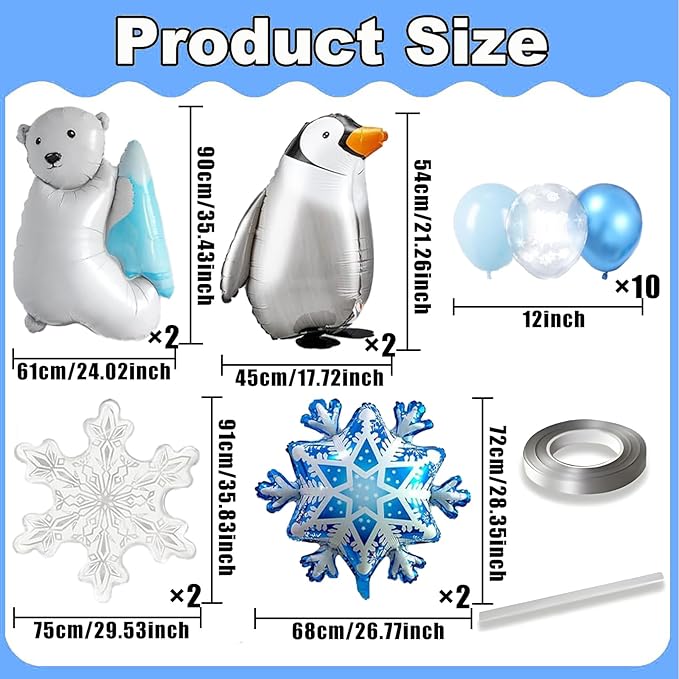 38 Polar Theme Balloons Set - Polar Bear, Penguin, Snowflakes for Winter, Baby Shower, Birthday, Christmas Party Decoration
