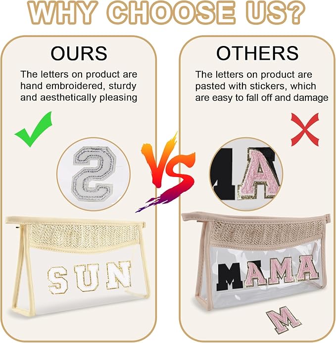 Iqimott 2Pcs Boho Patch SPF Bag Clear Letter Sun Bag, Waterproof Zipper Makeup Bag Toiletry Pouch for Women Girls, Clear Letter Patch Cosmetic Bag Transparent Organizer Pouch for Travel(SPF, Sun)