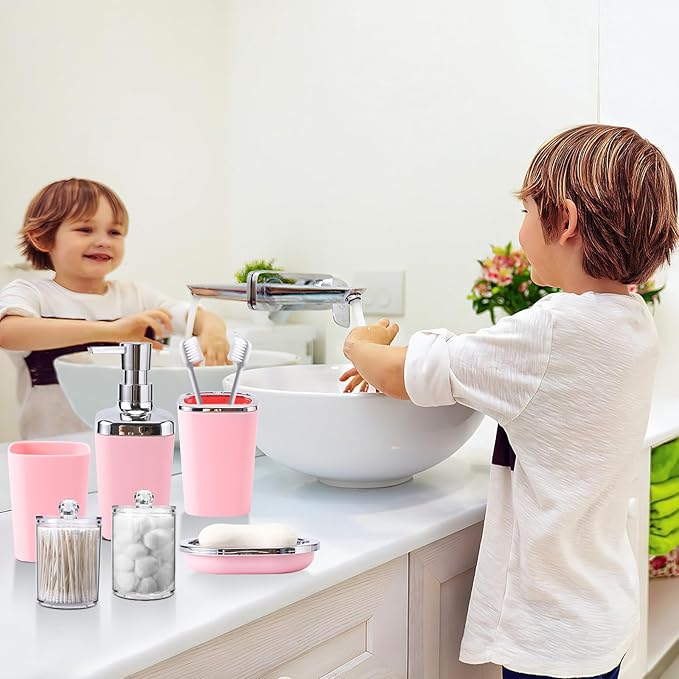Pink Bathroom Accessories, 24 Pieces Pink Bathroom Accessories Set with Shower Curtain, Bath Towels, Trash Can, Soap Dispenser and Soap Dish for Bathroom/Housewarming