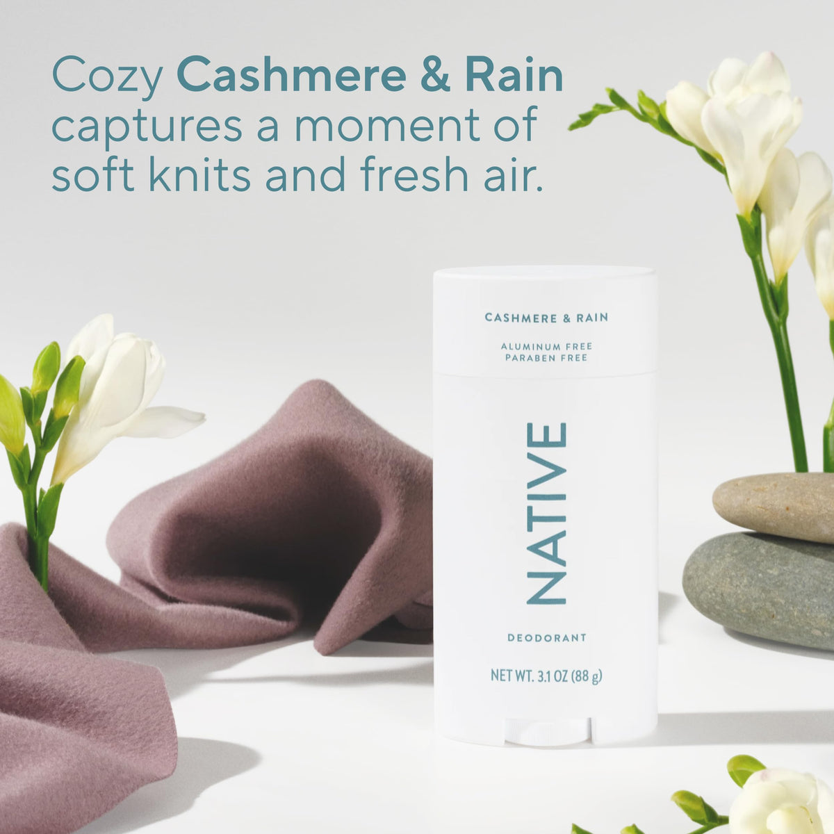 Native Aluminum Free Deodorant, Cashmere & Rain, Large Size Stick, 72 Hour Odor Control, for Women & Men, Contains Naturally Derived Ingredients, 3.1 oz