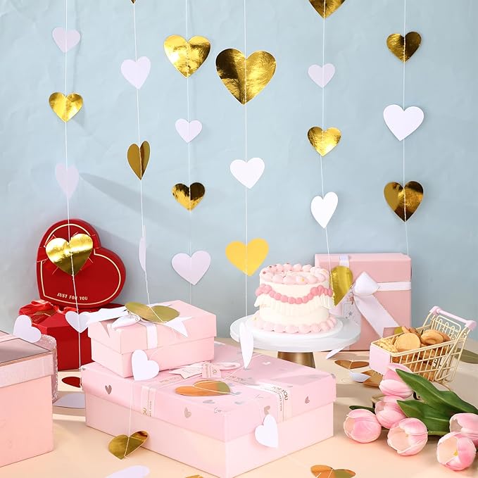 10 Pack 130ft White-Gold Holographic Heart Party Garland Asymmetrical Love Hanging Banners for Wedding Engagement Anniversary Bachelorette Bridal Shower Birthday Decoration