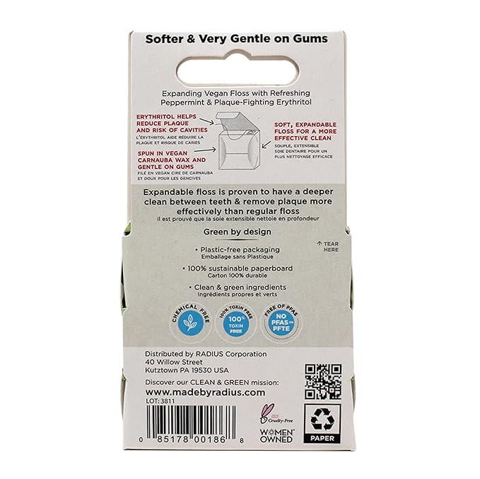 RADIUS Peppermint Dental Floss 55 Yards Vegan and Non-Toxic Oral Care Boost Total Tooth & Gum Protection Clear - Pack of 6