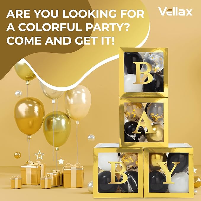 Baby Shower Boxes with Letters – Gold Boxes with Gold & Black Balloons – 44-Piece Gender Reveal & Party Decoration Set by Vellax