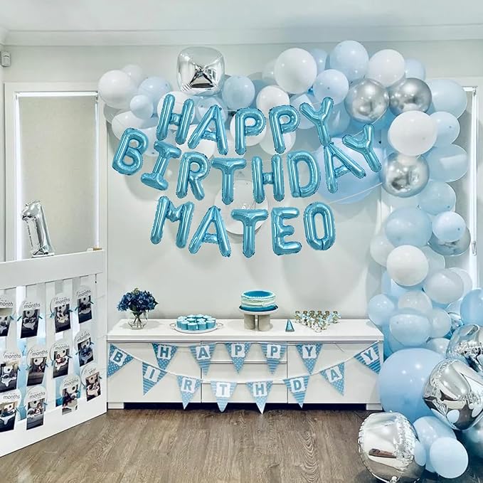 TONIFUL 65 Pcs 16 Inch Light Blue Happy Birthday Balloons and 2 Sets A-Z Foil Letters Balloons DIY Personalized Phrase Banner for Birthday Celebration Thanksgiving Christmas Party Decorations