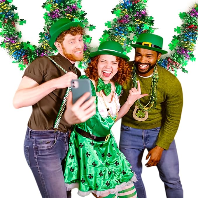 33Ft St Patrick's Day Tinsel Twist Garland Decorations Shiny Thick Shamrock Metallic Foil Wreath for St Patricks Day Irish Festival Party Parade Floats and Other Holidays Hanging Decor Supplies