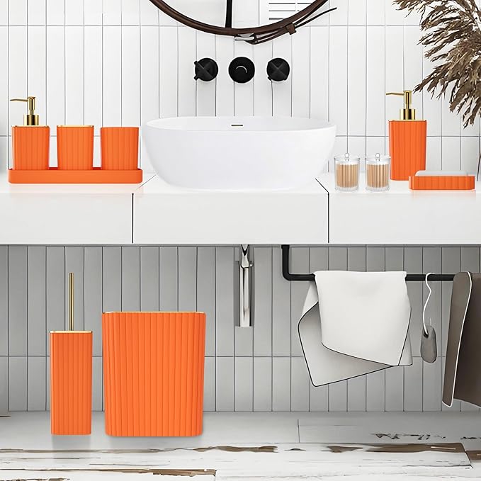 Bathroom Accessories Set - Gorgeous Bathroom Set, 10PC Orange Bathroom Accessory Set, Orange Bathroom Sets, Toilet Brush, Trash Can & Soap Dispenser