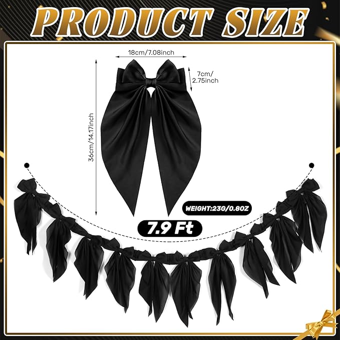 VitalCozy 1 Pcs Black Bow Garland Banner, Halloween Satin Ribbon Hanging Party Bow Garland Decoration for Birthday Wedding Halloween Party Supplies