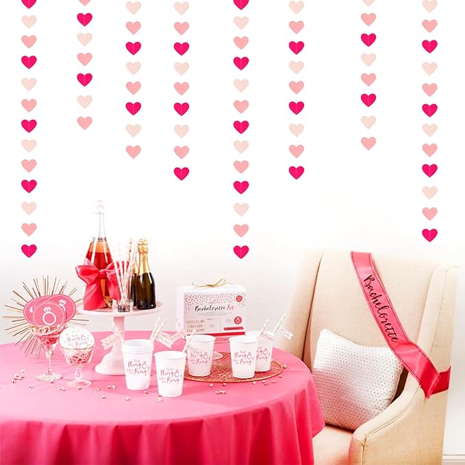Hot-Pink Valentines-Day Party-Decorations Heart Garland - 52Ft Proposal Special Night Galentines Wedding Paper Streamers Banner, Girl Birthday Engagement Bachelorette Decor Lasting Surprise