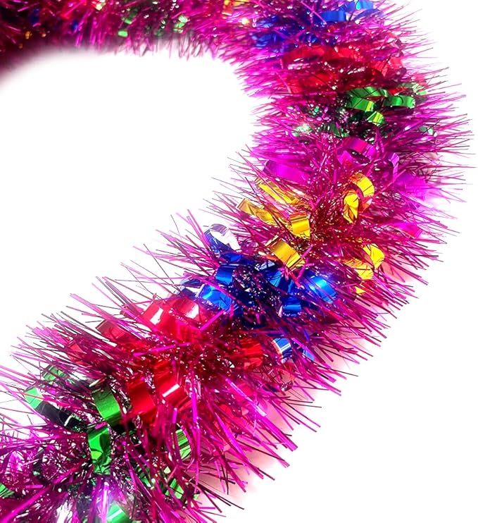 33Ft Long Tinsel Twist Garland Shiny Thick Metallic Foil Xmas Tree Decorations for Birthday Party Christmas New Year Parties Parade Floats and Other Holidays Hanging Decor Supplies-(Colours+Pink)