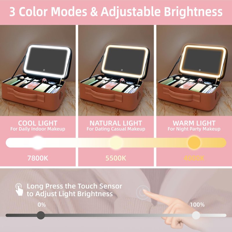 saiggnyy 15"×11" Large Pink Makeup Bag with Mirror, Personal Item Travel Bag with Makeup Mirror 3 Lights, Waterproof Train Case with Mirror and Adjustable Dividers,Professional Lighted Makeup Case