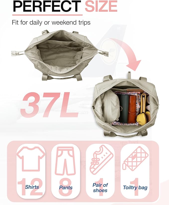 Weekender Bags for Women, BAGSMART Travel Duffel Bags with Shoe Compartment,Personal Item Travel Bag for Airlines, Carry on Overnight Tote Bag with Toiletry Bag(Beige,2pcs)