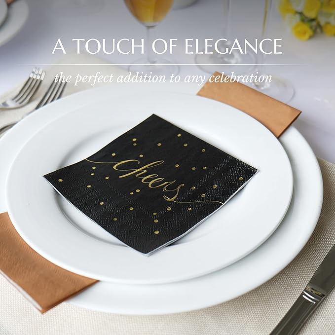 Black and Gold Cocktail Napkins - Pack of 50 Disposable Bar Napkins - Wedding Baby Shower Birthday Graduation Dessert - 3 Ply - By Simple-Glee