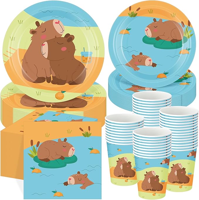 Pickmesh 250 Pcs Capybara Party Supplies Decorations Serve 50 Capybara Disposable Paper Plates Napkins and Cups Tableware Set Animals Themed Baby Shower Birthday Party Supplies