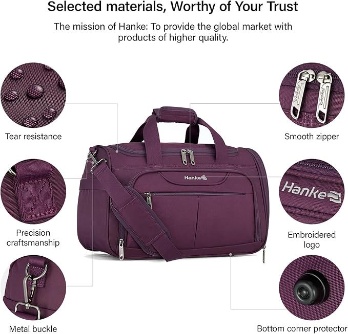 Hanke Carry On luggage Bags for Travel, Large Foldable Duffle Bag for Travel, Softside Lightweight Travel Bag Carry On Bags for Airplanes Women, Travel Tote Bags for Women Men.（Purple）