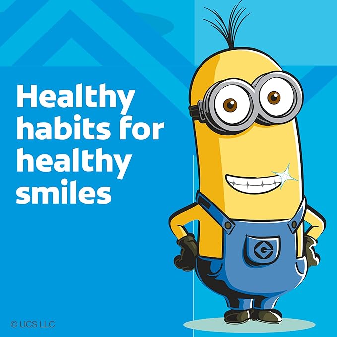 Colgate Kids Battery Powered Toothbrush with Included AA Battery, Extra Soft Bristles, Flat-Laying Handle to Prevent Rolling, Minion, 1 Pack