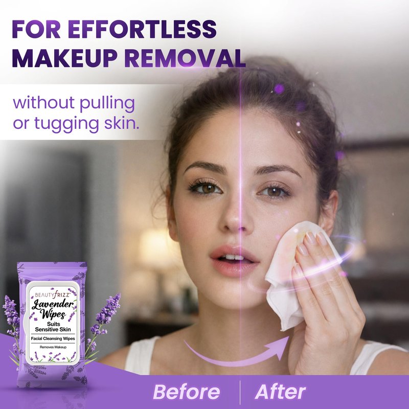 BeautyFrizz Lavender Face Wipes - Gentle No Rinse Makeup Remover and Facial Cleansing Wipes - Contains Aloe, Castor, Vitamin A and E - Suits Sensitive Skin - Moisturizing - Extra Soft (240 pcs)