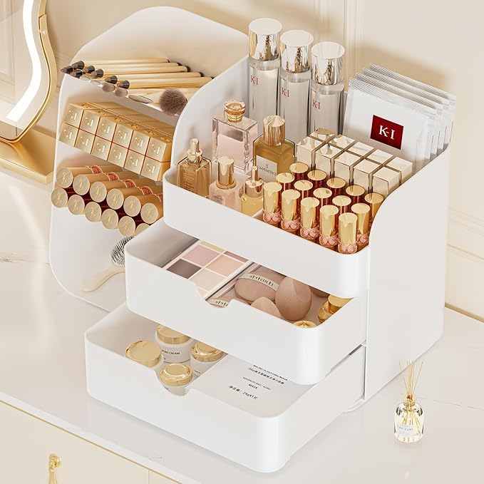 Makeup Organizer with Brush Holder for Vanity,Countertop Makeup Organizer with Drawers,Spacious Cosmetic Display Case,Perfect Storage Solution for Your Beauty Essential (All White, Large)