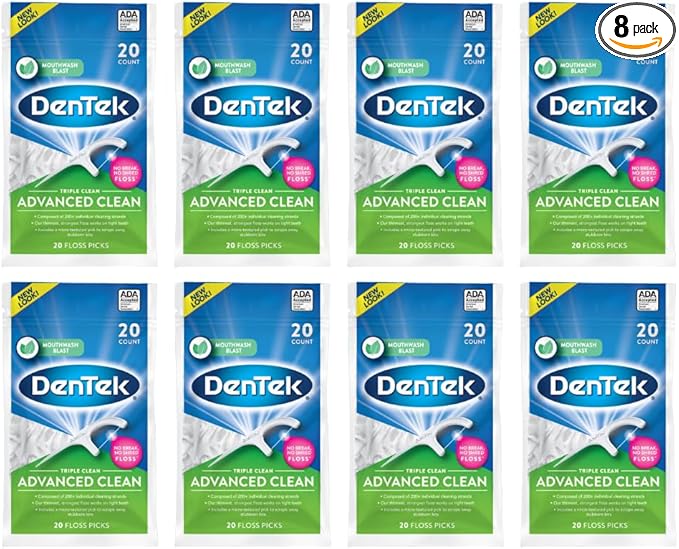 DenTek Triple Clean Advanced Clean Floss Picks, No Break & No Shred Floss, 20 Count (Pack of 8)