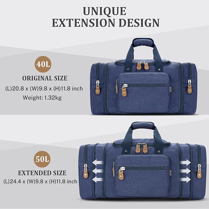 Gonex Canvas Duffle Bag for Travel 50L Expandable Duffel Weekend Overnight Bag men (Blue)