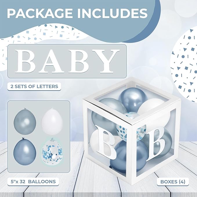 Baby Shower Boxes with Letters – White Boxes with White, Dusty Blue, Light Blue and Confetti Balloons – 44-Piece Gender Reveal & Party Decoration Set by Vellax