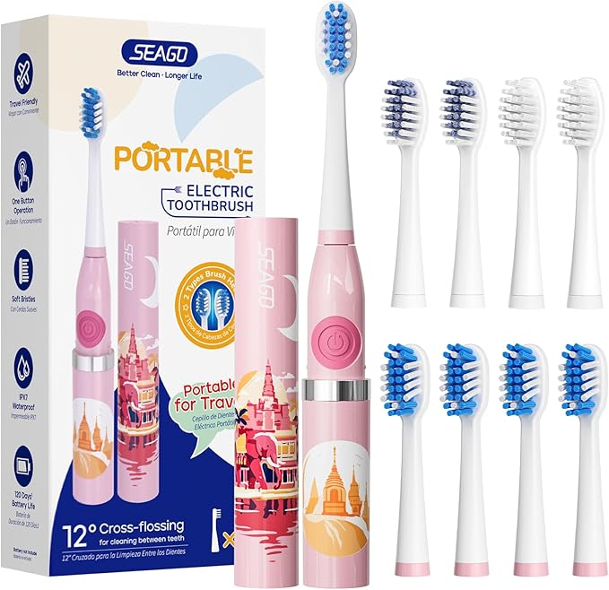SEAGO SG-505 Travel Electric Toothbrush, Portable Toothbrush, 24,000 VPM, IPX7 Waterproof, 8 Brush Heads (Soft & Tilted Bristles), Battery Powered for Adults, On The Go (Thai Design, Made in Thailand)