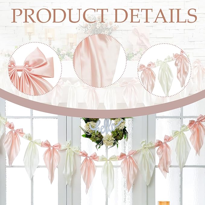 VitalCozy 1 PCS White Pink Bow Garland Banner, Satin Ribbon Hanging Party Bow Garland Decoration for Birthday Baby Shower Wedding Party Supplies