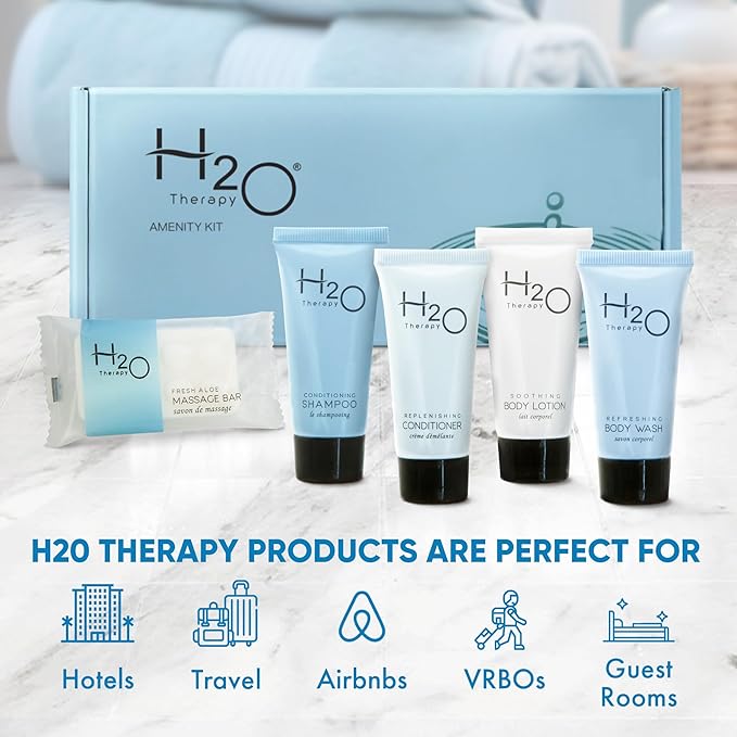 H2O Therapy Amenity Kit | Hotel Bulk Toiletries | 0.85 oz Shampoo, Conditioner, Lotion, Body Wash, Body Bar Soap for Guest Hospitality Vacation Rentals | 15 Sets/Case