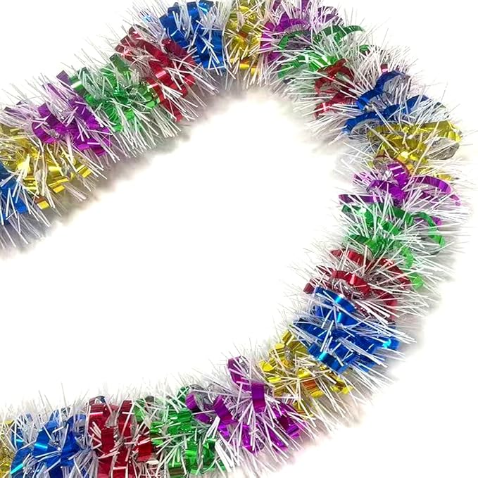 33Ft Long Tinsel Twist Garland Shiny Thick Metallic Foil Xmas Tree Decorations for Birthday Party Christmas New Year Parties Parade Floats and Other Holidays Hanging Decor Supplies-(Colours+White)
